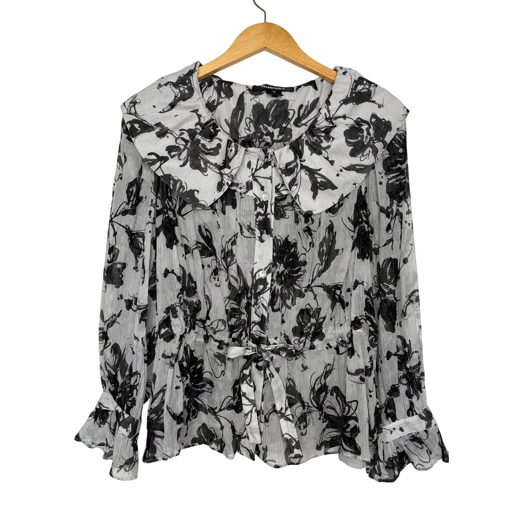 Ellen Tracy Silk Blend Top Sz 12 Grey Floral Peter Pan Collar Tie Waist Sheer